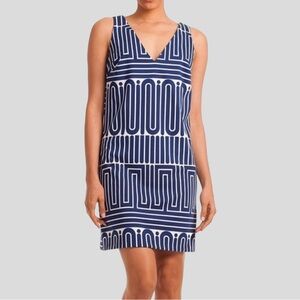 Trina Trina Turk Linea V-Neck Ponte Dress Blue White Geometric Size Large L
